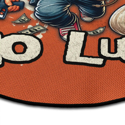 Close up of all hustle no luck round rug Jet Black edge showing woven polyester detail
