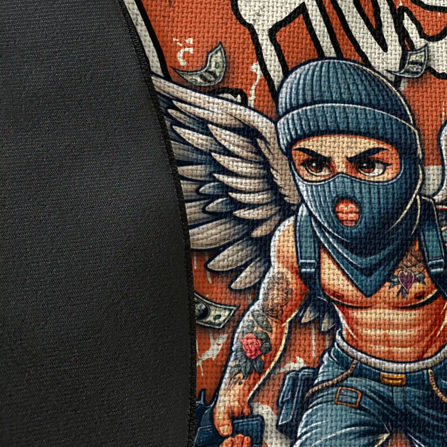 Close up of woven polyester material on all hustle no luck graphic round rug with Jet Black edge finish showing detailed streetwear print texture