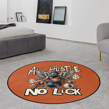 All hustle no luck graphic round rug with streetwear character, dollar symbols and wing graphics styled in a modern bedroom with Jet Black edge finish
