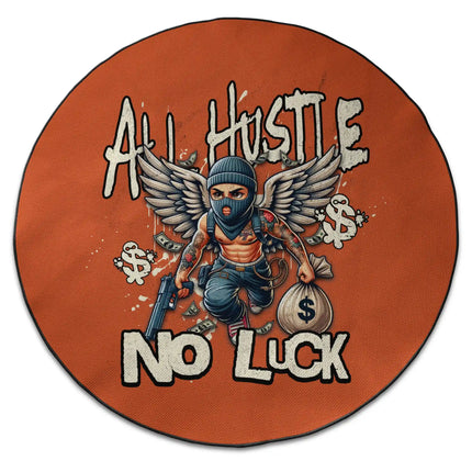 All hustle no luck graphic round rug with Jet Black edge finish shown from above on white background