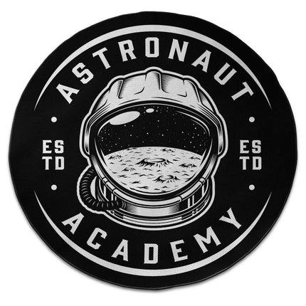 Astronaut academy graphic round rug with Jet Black edge finish shown from above on white background