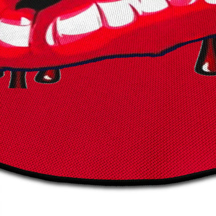 Close up of red lips graphic round rug showing Jet Black edge and woven polyester texture