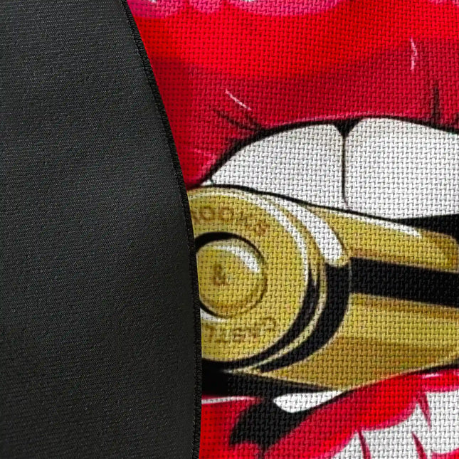 Close up of woven polyester material on lips graphic round rug showing detailed print texture and colour contrast with Jet Black edge