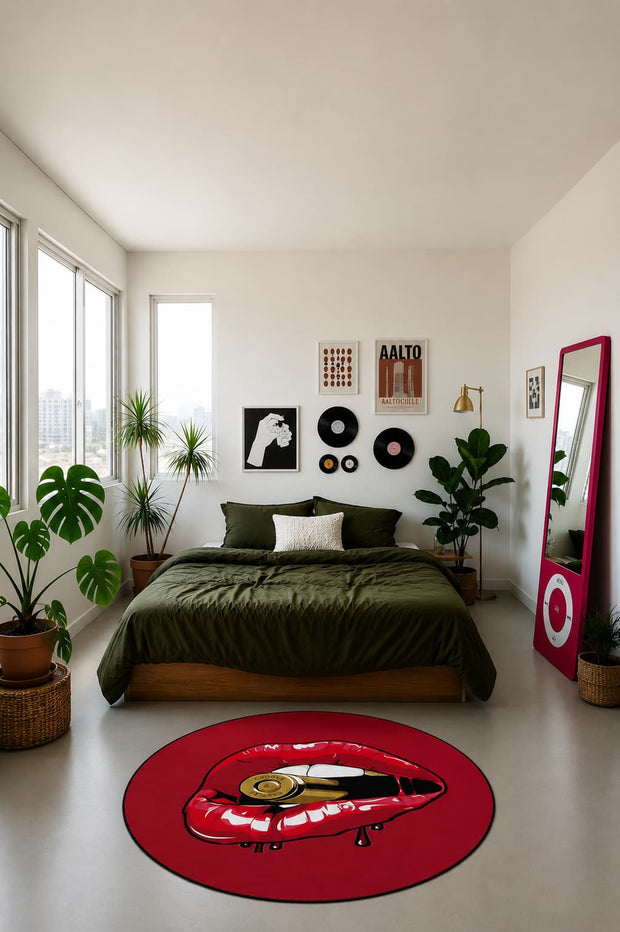 bite the bullet red round rug in modern bedroom