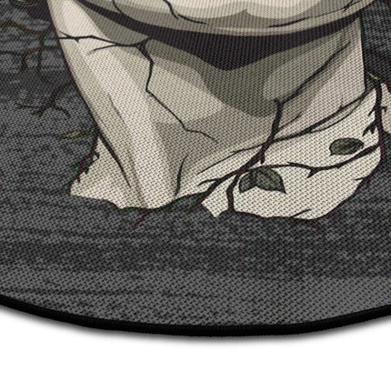 Close up of blind vision graphic round rug with fractured marble statue artwork showing Jet Black edge and woven polyester texture