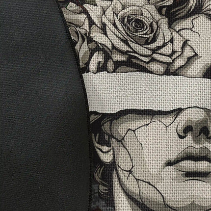 Close up of woven polyester material on blind vision graphic round rug with Jet Black edge showing detailed marble statue print texture