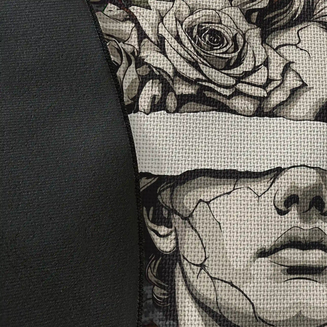 Close up of woven polyester material on blind vision graphic round rug with Jet Black edge showing detailed marble statue print texture