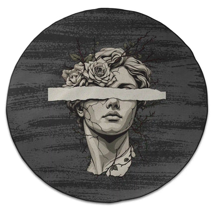 Blind vision graphic round rug with fractured marble statue artwork and black censor bar shown from above on white background with Jet Black edge finish