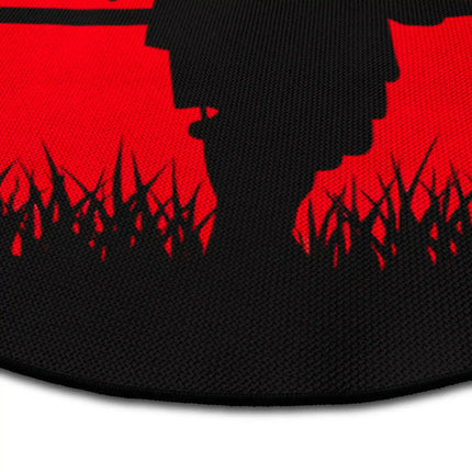 Close up of Blood Moon Samurai graphic round rug with crimson moon artwork showing Jet Black edge and woven polyester texture