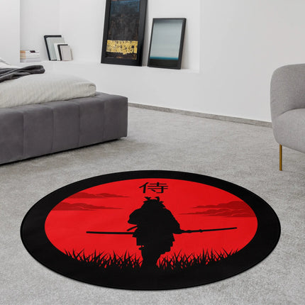 Blood Moon Samurai graphic round rug with crimson moon and samurai silhouette styled in a modern bedroom with Jet Black edge finish