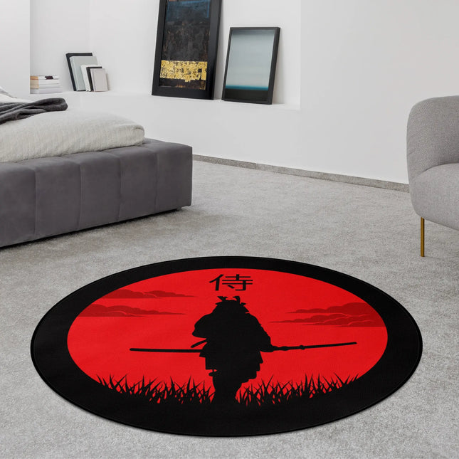 Blood Moon Samurai graphic round rug with crimson moon and samurai silhouette styled in a modern bedroom with Jet Black edge finish