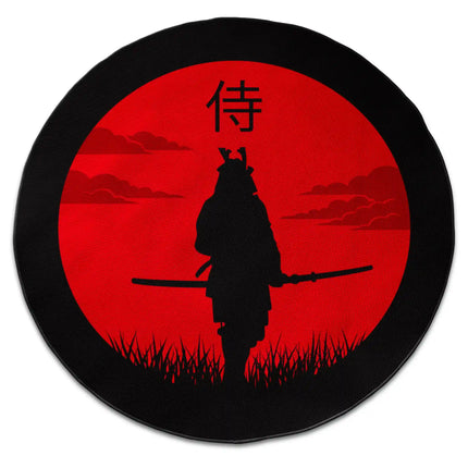 Blood Moon Samurai graphic round rug with Jet Black edge finish shown from above on white background