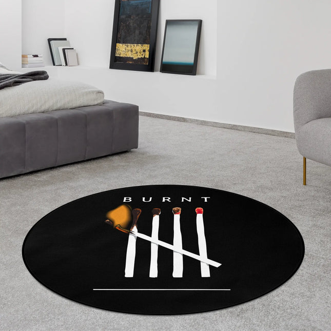 Burnt matches graphic round rug styled in a modern bedroom with Jet Black edge finish