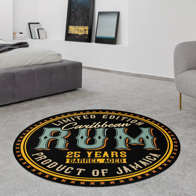 Caribbean rum graphic round rug with vintage rum label inspired typography and distressed artwork styled in a modern bedroom with Jet Black edge finish