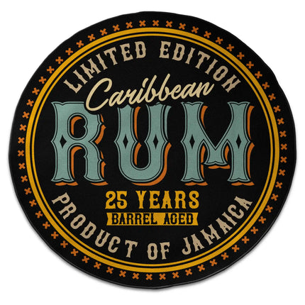 Caribbean rum graphic round rug with Jet Black edge finish shown from above on white background