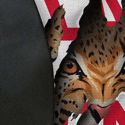 Close up of woven polyester material on claw some graphic round rug with Jet Black edge finish showing claw mark and predator eye print detail