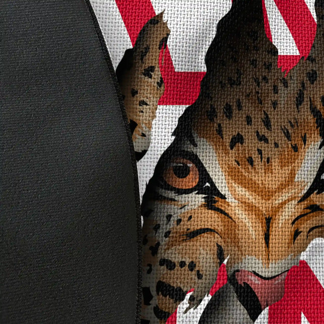 Close up of woven polyester material on claw some graphic round rug with Jet Black edge finish showing claw mark and predator eye print detail