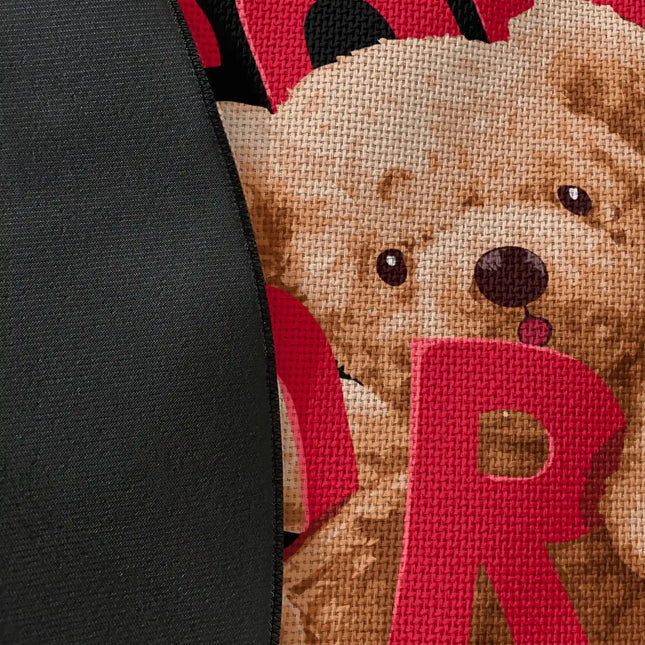 Close up of woven polyester material on comfort zone graphic round rug with Jet Black edge finish showing print texture