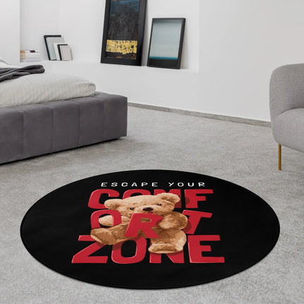 Comfort zone graphic round rug styled in a modern bedroom with Jet Black edge finish