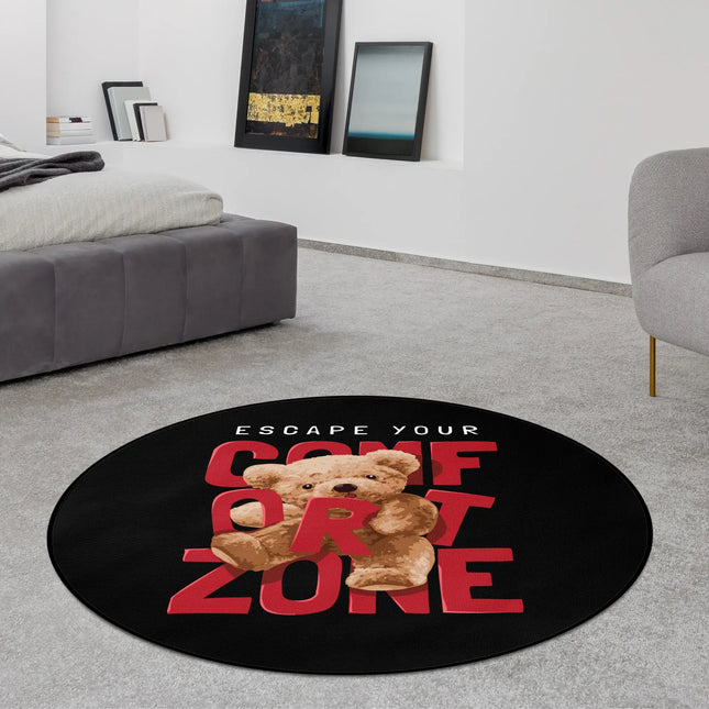 Comfort zone graphic round rug styled in a modern bedroom with Jet Black edge finish