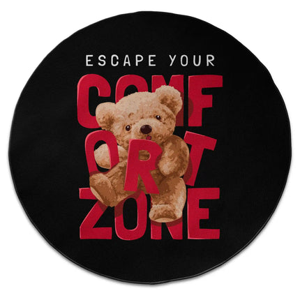Comfort zone graphic round rug with Jet Black edge finish shown from above on white background