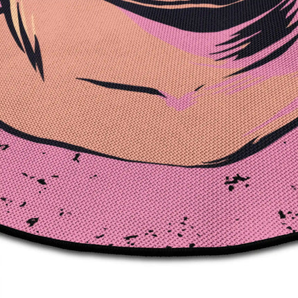 Close up of Cosmic Mind graphic round rug with celestial statue artwork showing Jet Black edge and woven polyester texture