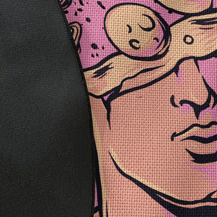Close up of woven polyester material on Cosmic Mind graphic round rug with Jet Black edge showing celestial statue artwork and print texture