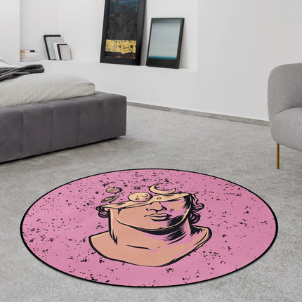 Cosmic Mind graphic round rug with celestial statue artwork styled in a modern bedroom with Jet Black edge finish