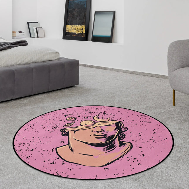 Cosmic Mind graphic round rug with celestial statue artwork styled in a modern bedroom with Jet Black edge finish