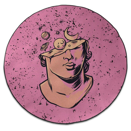 Cosmic Mind graphic round rug with celestial statue artwork and Jet Black edge finish shown from above on white background