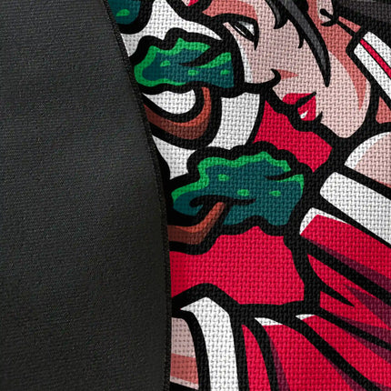 Close up of woven polyester material on crimson bonsai graphic round rug with Jet Black edge finish showing portrait and bonsai print detail