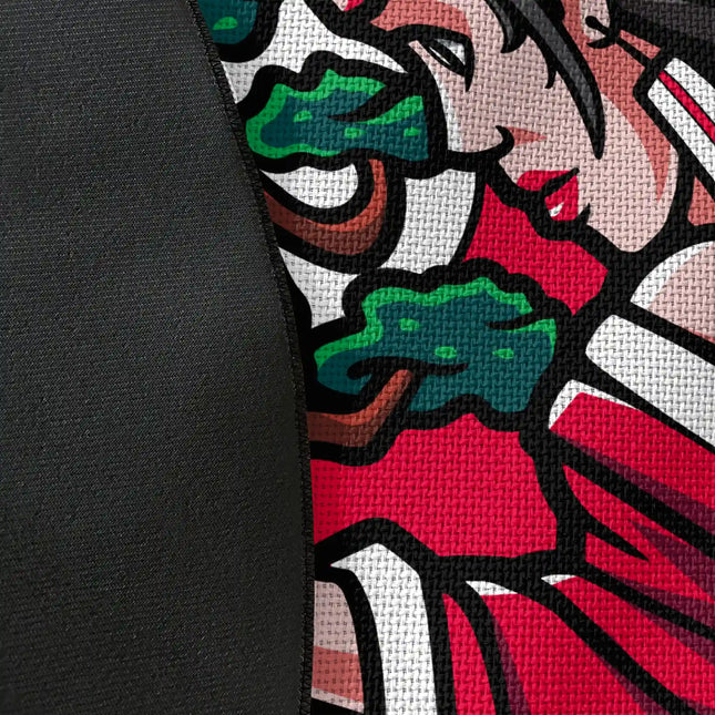 Close up of woven polyester material on crimson bonsai graphic round rug with Jet Black edge finish showing portrait and bonsai print detail