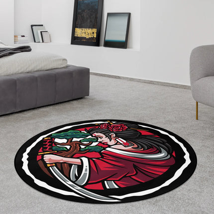 Crimson bonsai graphic round rug with illustrated portrait artwork, red bonsai tree and floral accents styled in a modern bedroom with Jet Black edge finish