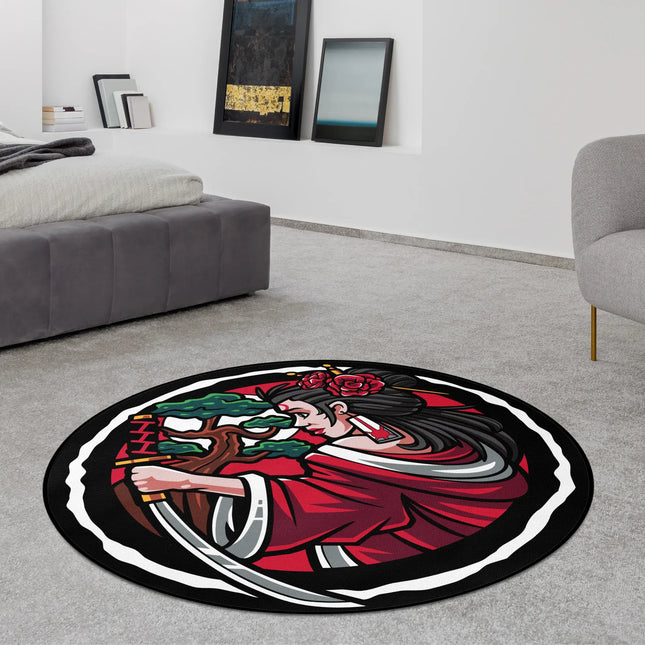Crimson bonsai graphic round rug with illustrated portrait artwork, red bonsai tree and floral accents styled in a modern bedroom with Jet Black edge finish