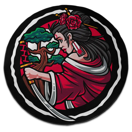 Crimson bonsai graphic round rug with Jet Black edge finish shown from above on white background