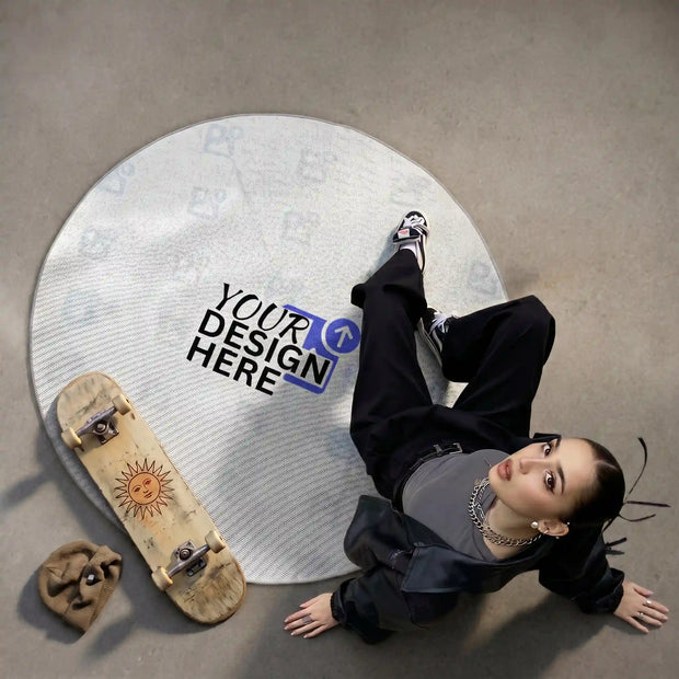 Round custom printable area rug mockup with editable design space, styled with a skateboard and modern streetwear accessories.