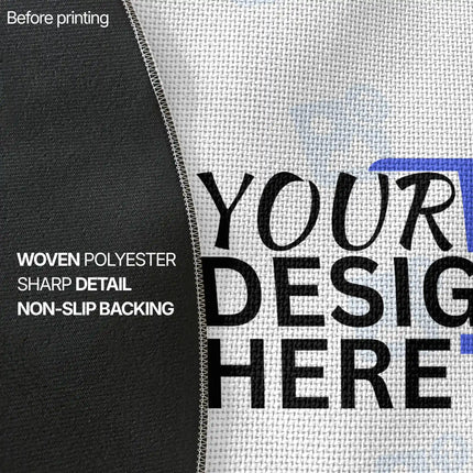 Before-printing close-up comparison showing black backing fabric next to white woven polyester rug material printed with a 'Your Design Here' placeholder logo, labeled with sharp detail and non-slip backing features.
