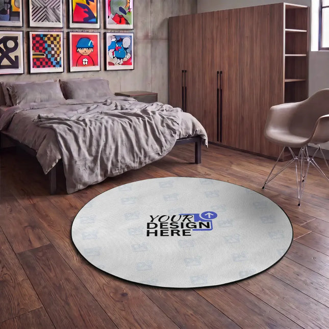 white round rug with 'Your design here' watermark in modern bedroom