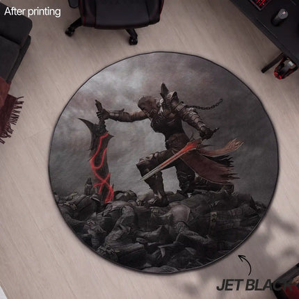 Overhead view of a round jet black-edged custom rug printed with a fantasy warrior wielding a glowing red sword, placed in a gaming room setup.