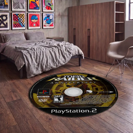 Round rug with CD printed on the rug in a modern bedroom