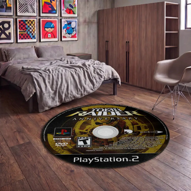 Round rug with CD printed on the rug in a modern bedroom