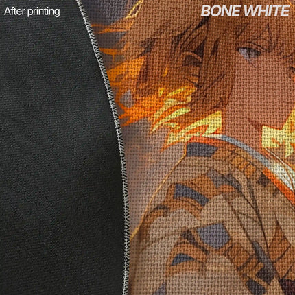 Close-up of custom round rug edge showing bone white fabric backing next to a vibrant anime character print in orange and brown tones, with visible woven polyester texture.