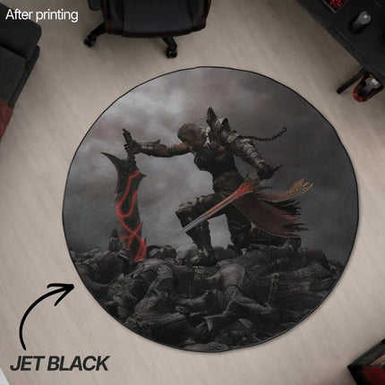 Overhead view of a round jet black-edged custom rug printed with a fantasy warrior wielding a glowing red sword, placed in a gaming room setup.