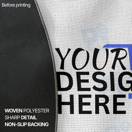 Before-printing close-up comparison showing black backing fabric next to white woven polyester rug material printed with a 'Your Design Here' placeholder logo, labeled with sharp detail and non-slip backing features.