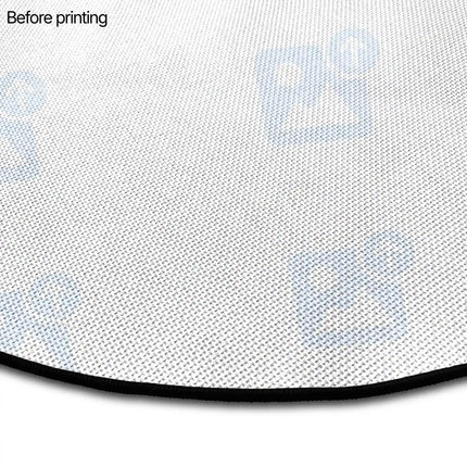 Before-printing close-up of a round white rug's woven texture and black piped edge, showing a faint 'Your Design Here' watermark pattern.
