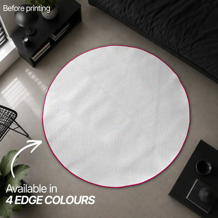 Before-printing overhead view of a blank round white rug with a crimson red piped edge, shown on a grey floor beside black furniture, labeled 'Available in 4 Edge Colours.'