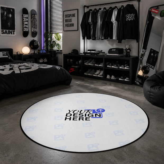 A modern streetwear bedroom with a custom round rug in the centre of the room