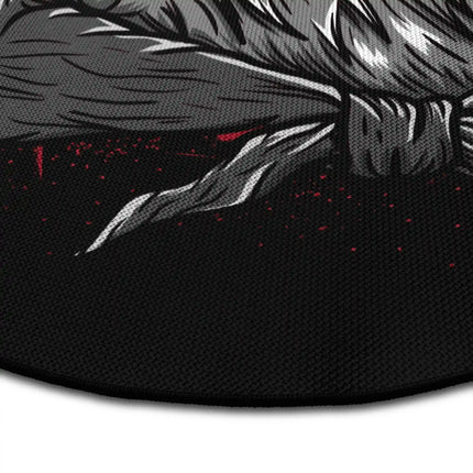 Close up of dark raven round rug Jet Black edge showing woven polyester detail