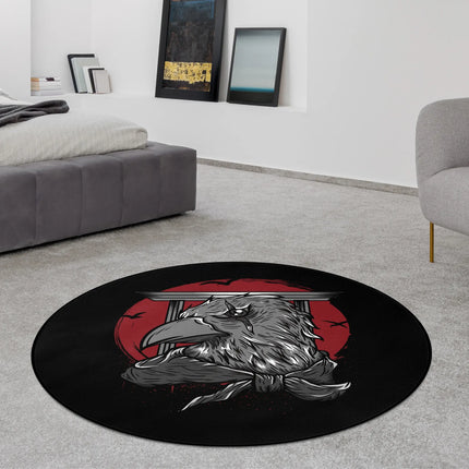 Black dark raven graphic round rug with red sun design styled in a modern bedroom with Jet Black edge finish