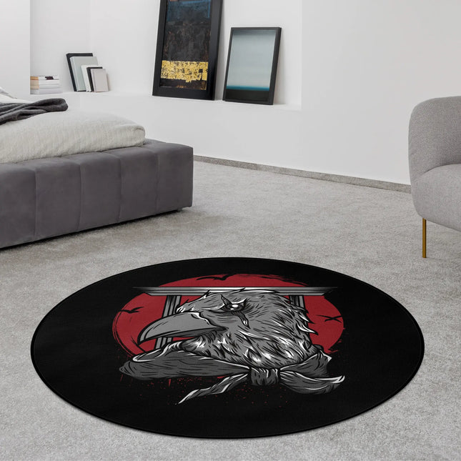 Black dark raven graphic round rug with red sun design styled in a modern bedroom with Jet Black edge finish